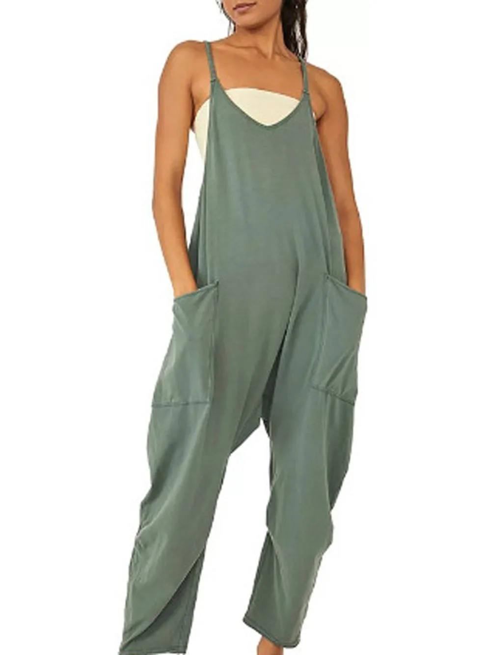 Spaghetti Strap Long Pant Romper Jumpsuit With Pockets Zipper