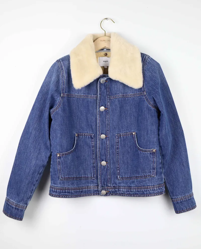 Suncoo Eleonor Blue Denim Jacket With Furry Collar