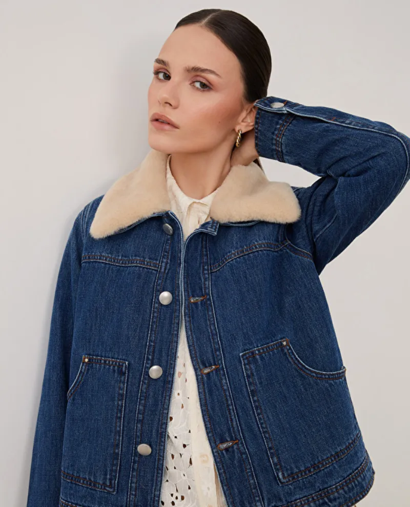 Suncoo Eleonor Blue Denim Jacket With Furry Collar