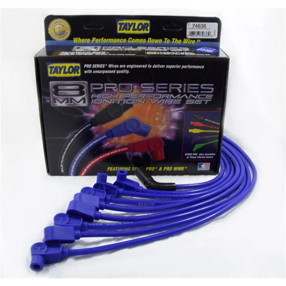 Taylor Spiro-Pro Spiral Core 8 mm Spark Plug Wire Set - Blue - 90 Degree Plug Boots - HEI Style Terminal - GM 5.0 L / 5.7 L