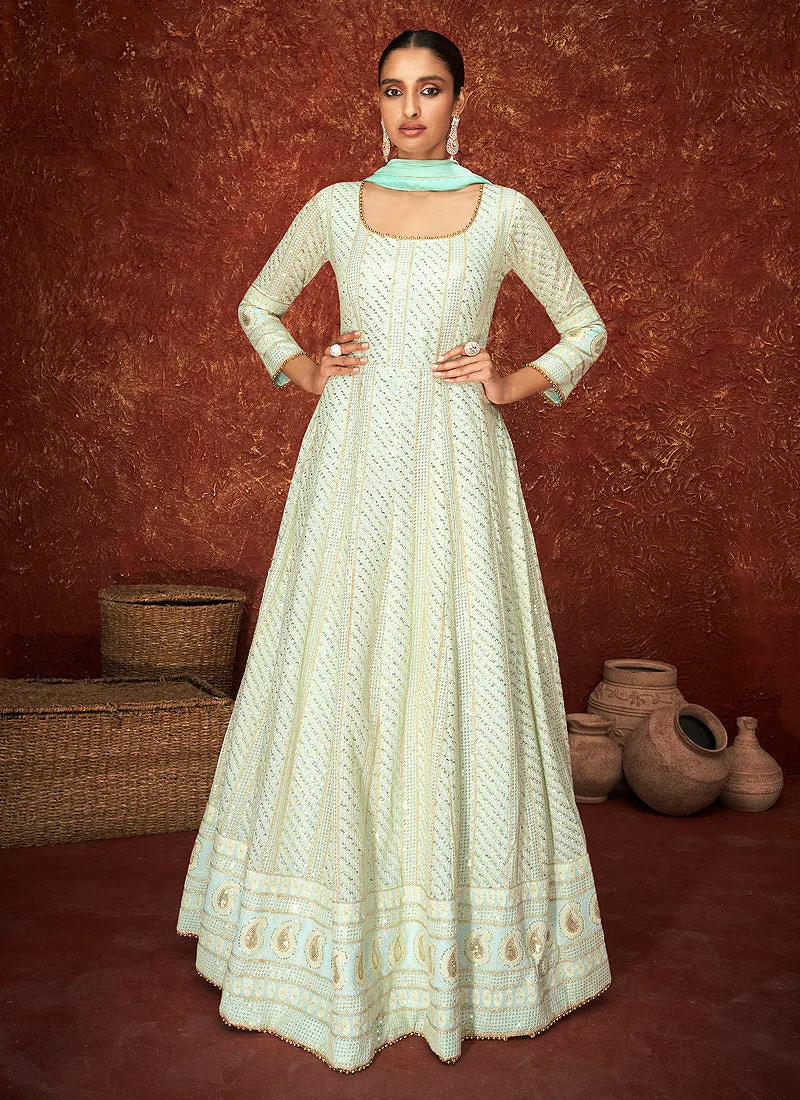 Teal Blue Lucknowi Embroidered Anarkali Suit