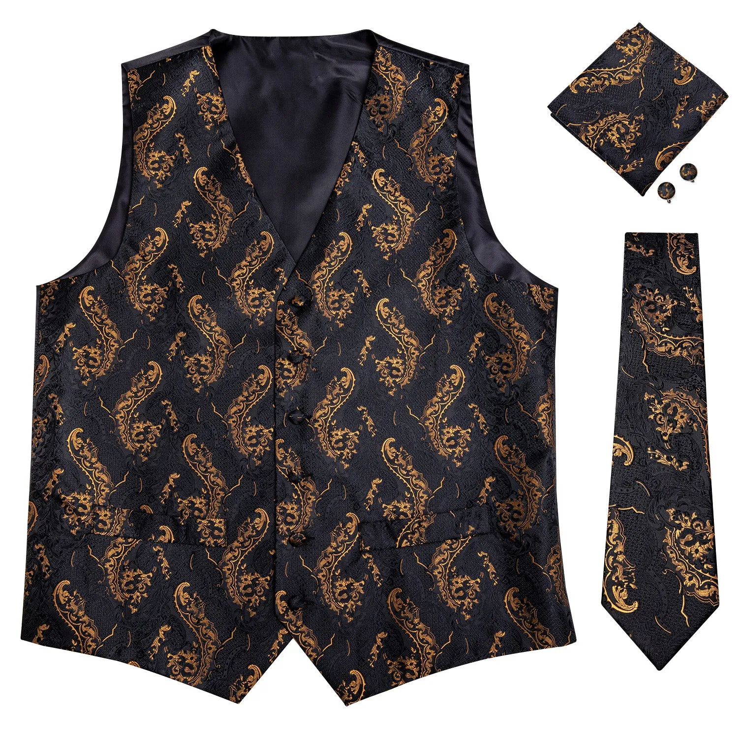 Ties2you Black Tie Vest Gold Floral Men's Vest Tie Hanky Cufflinks Set