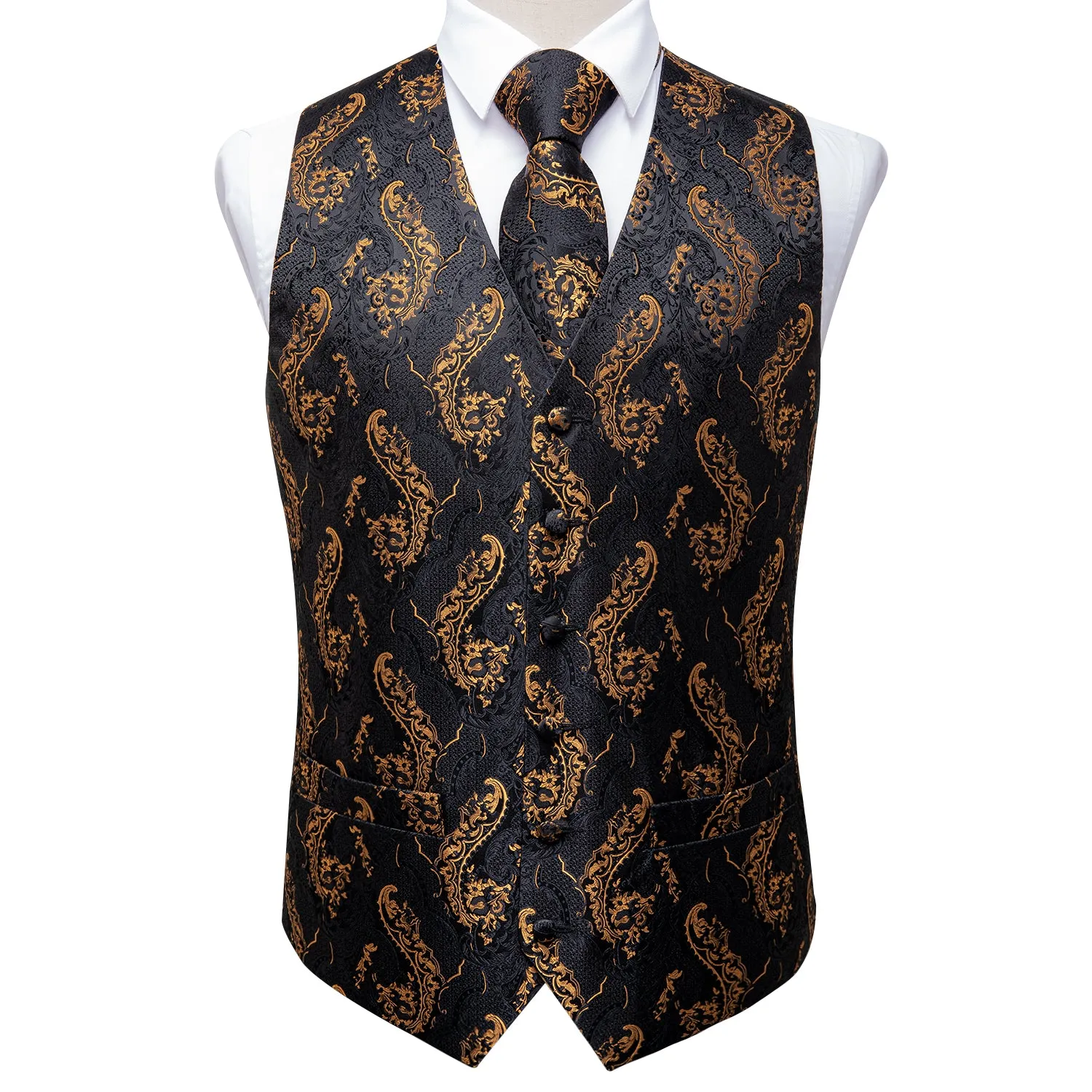 Ties2you Black Tie Vest Gold Floral Men's Vest Tie Hanky Cufflinks Set