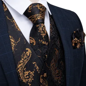 Ties2you Black Tie Vest Gold Floral Men's Vest Tie Hanky Cufflinks Set