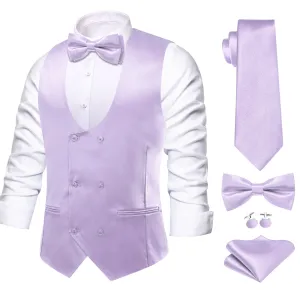 Ties2you Double Breasted Vest Lavender Purple Solid Mens Dress Vest Tie Bowtie Set 5PC