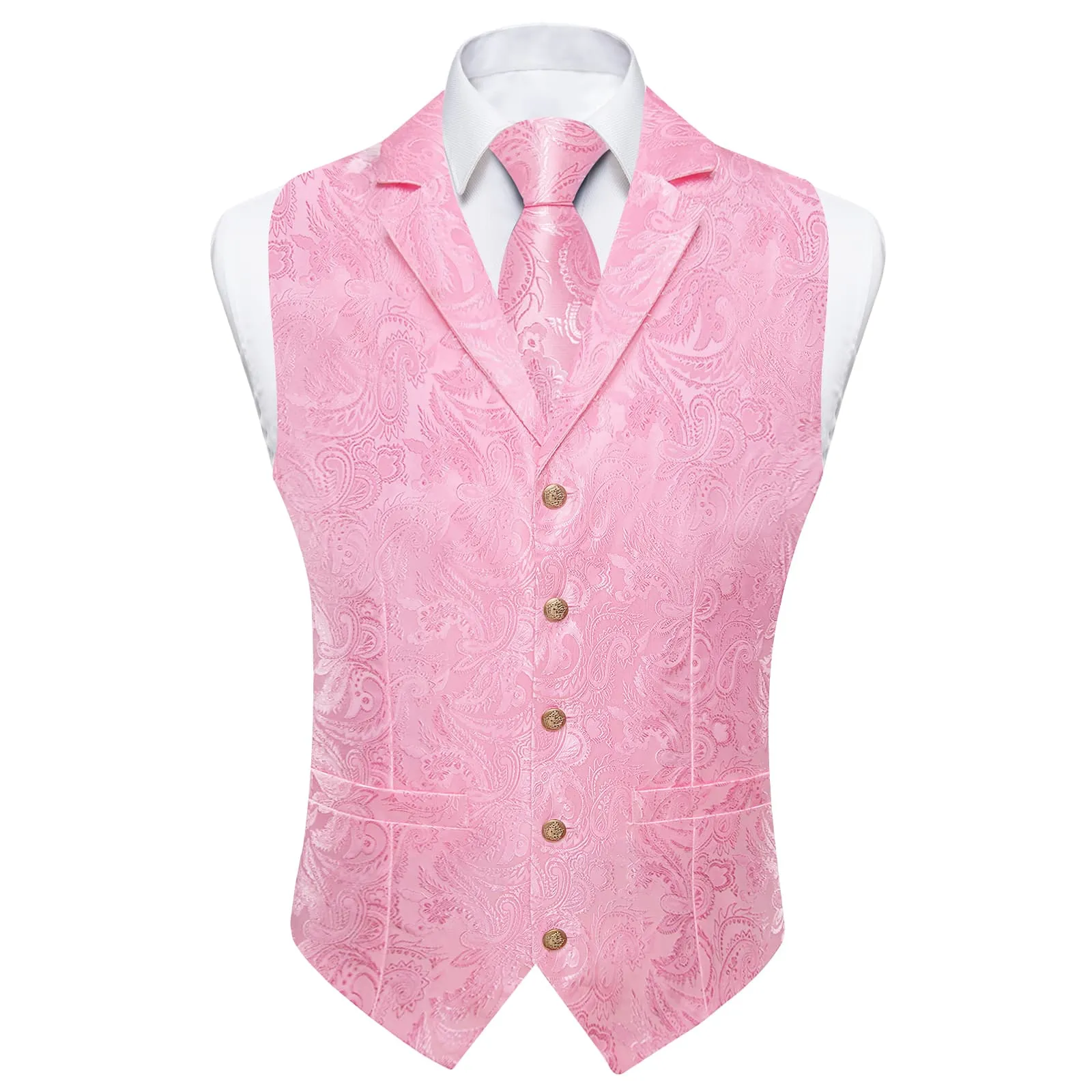 Ties2you Dress Vest Baby Pink Paisley Notched Collar Silk Mens Waistcoat Tie Set