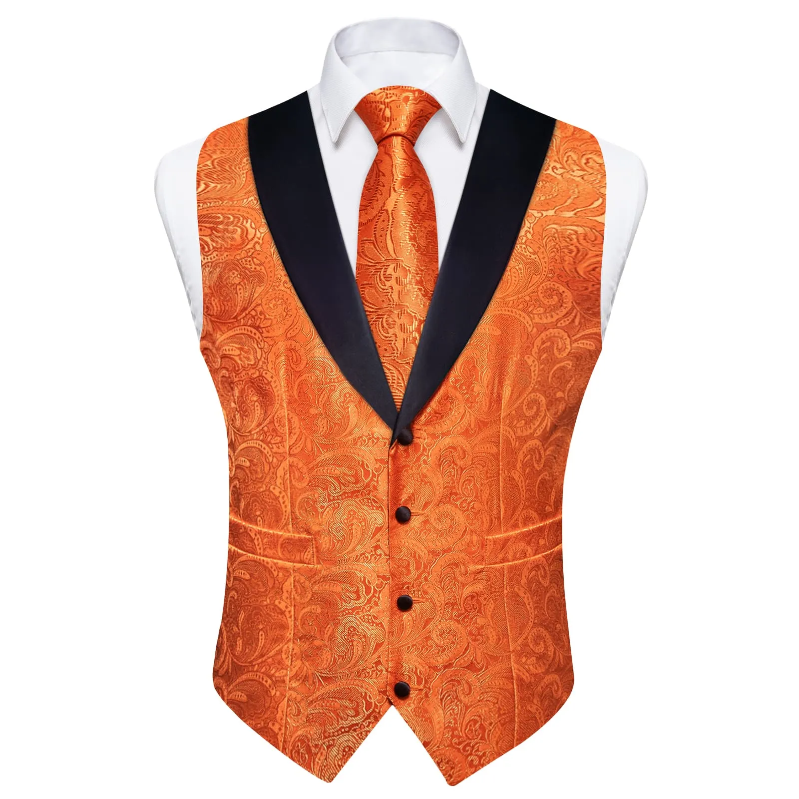 Ties2you Dress Vest Hot Orange Floral Shawl Collar Silk Mens Waistcoat Tie Set