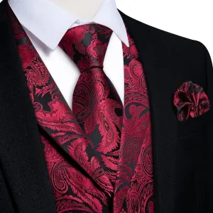 Ties2you Dress Vest Red Black Paisley Notched Collar Silk Mens Waistcoat Tie Set