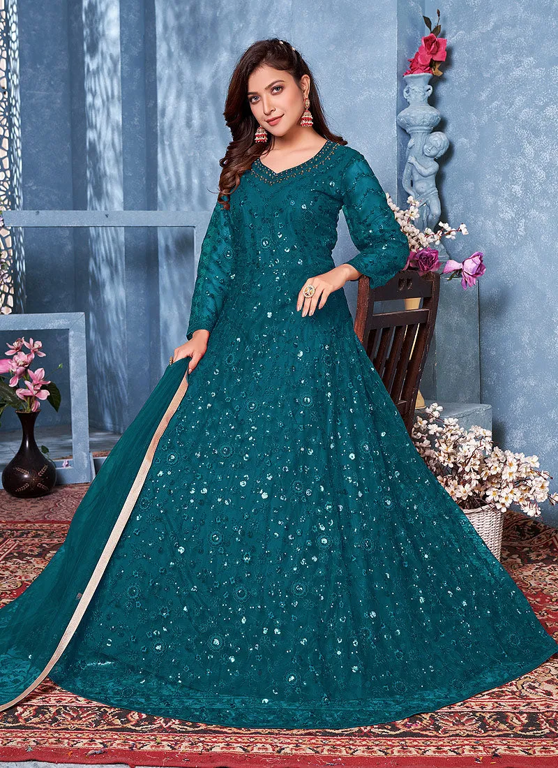 Turquoise Net Anarkali Suit