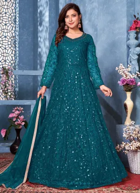 Turquoise Net Anarkali Suit