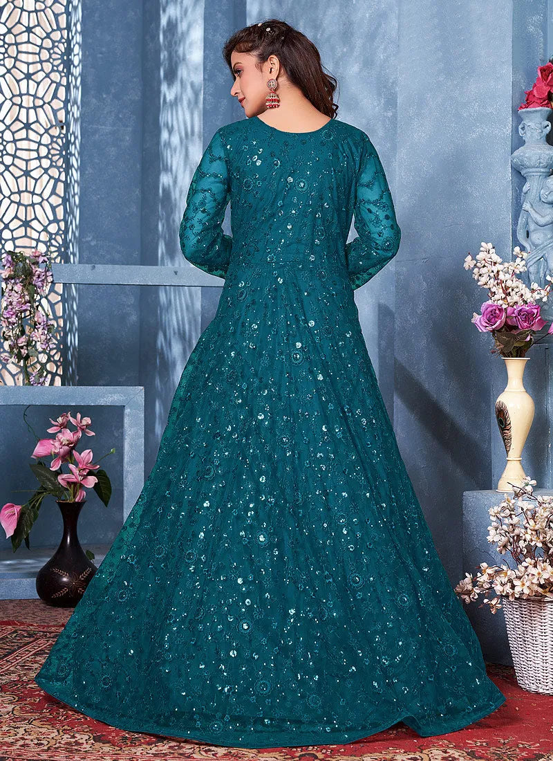 Turquoise Net Anarkali Suit