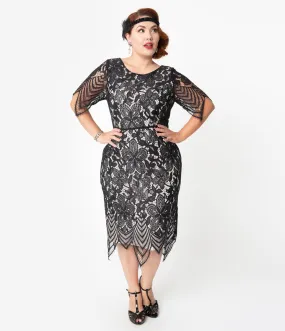 Unique Vintage Plus Size 1920s Black Lace Short Sleeve Linette Cocktail Dress