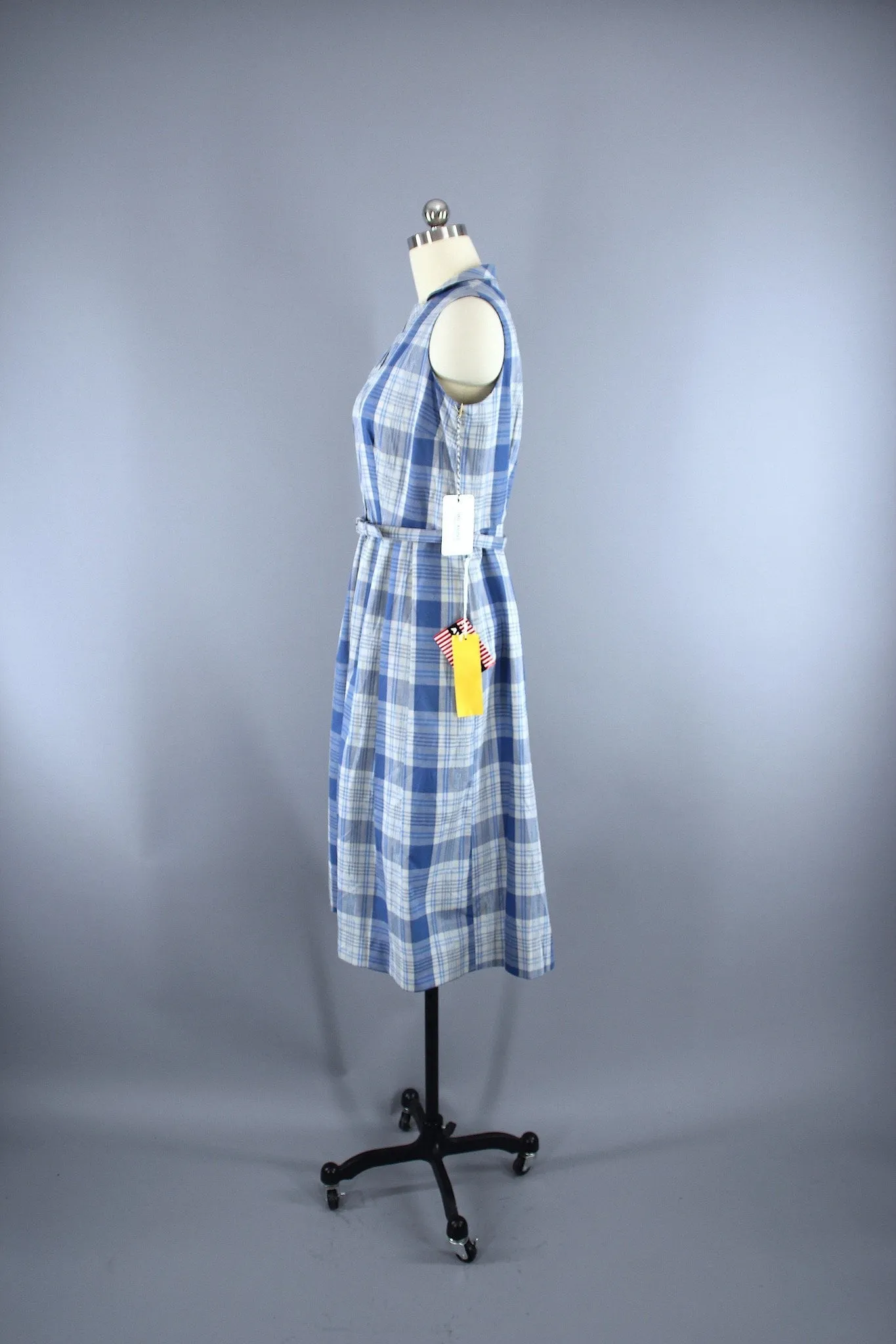 Vintage 1950s Mary Mac Day Dress / Blue & White Plaid Cotton / Deadstock with Tags