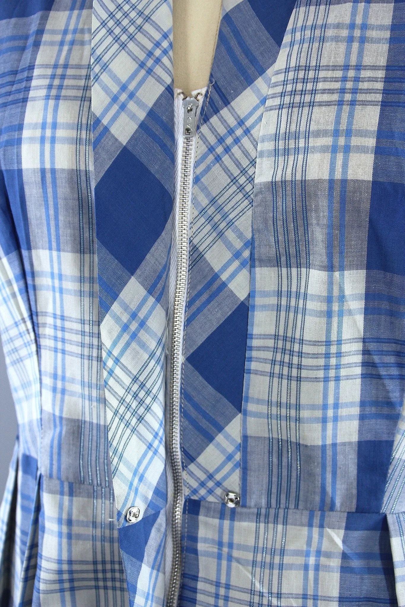 Vintage 1950s Mary Mac Day Dress / Blue & White Plaid Cotton / Deadstock with Tags