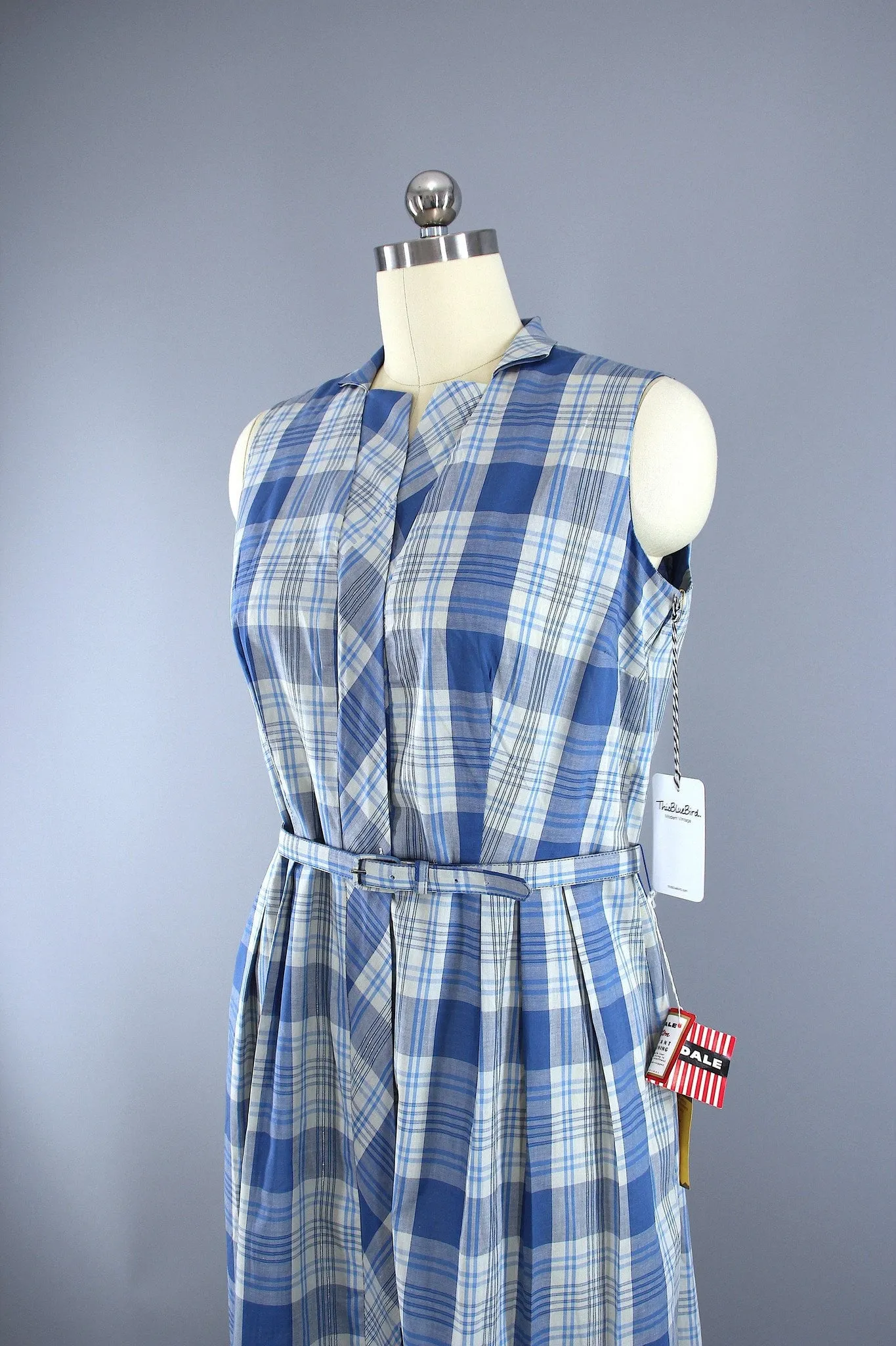 Vintage 1950s Mary Mac Day Dress / Blue & White Plaid Cotton / Deadstock with Tags