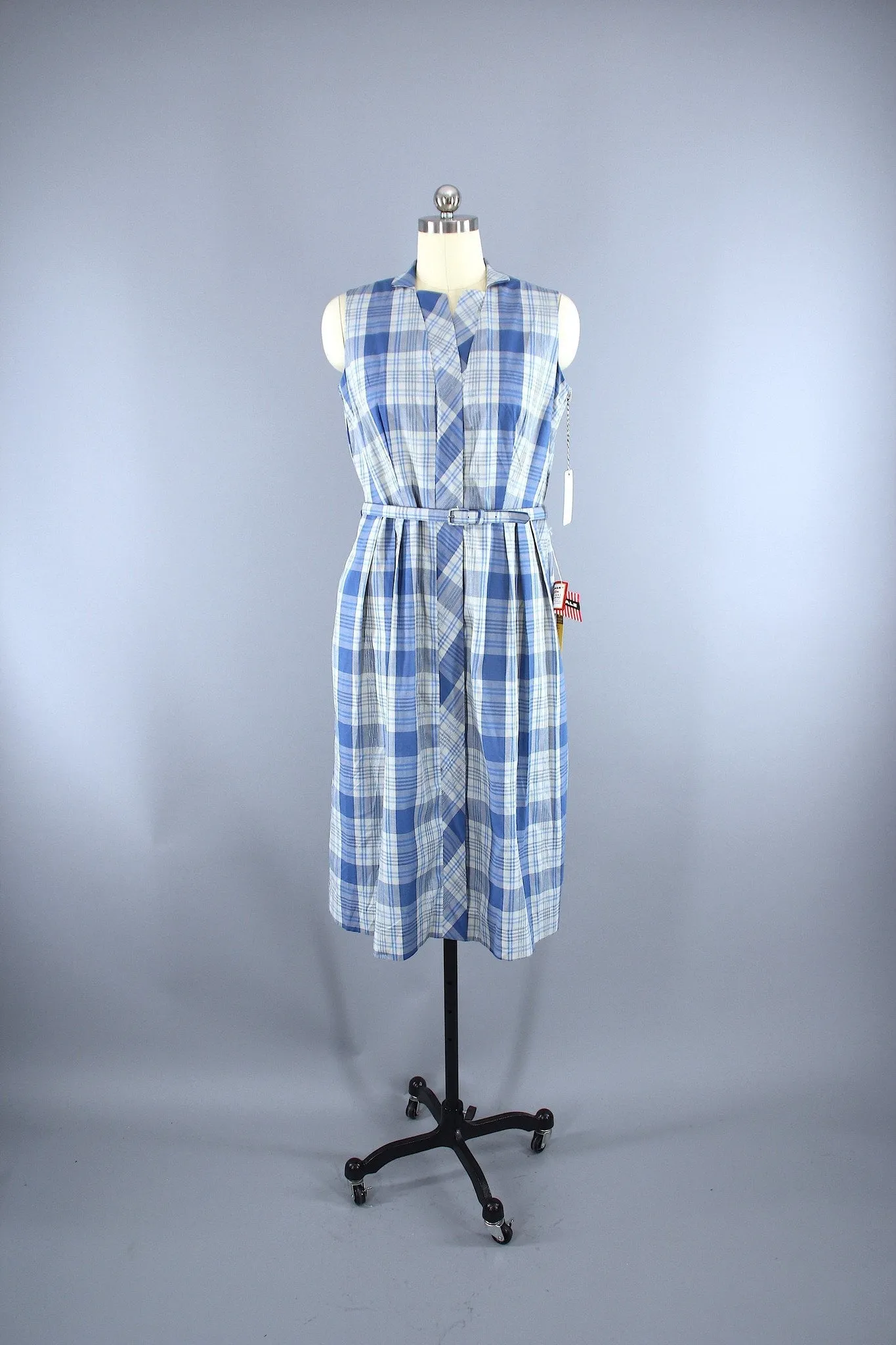 Vintage 1950s Mary Mac Day Dress / Blue & White Plaid Cotton / Deadstock with Tags