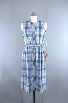 Vintage 1950s Mary Mac Day Dress / Blue & White Plaid Cotton / Deadstock with Tags