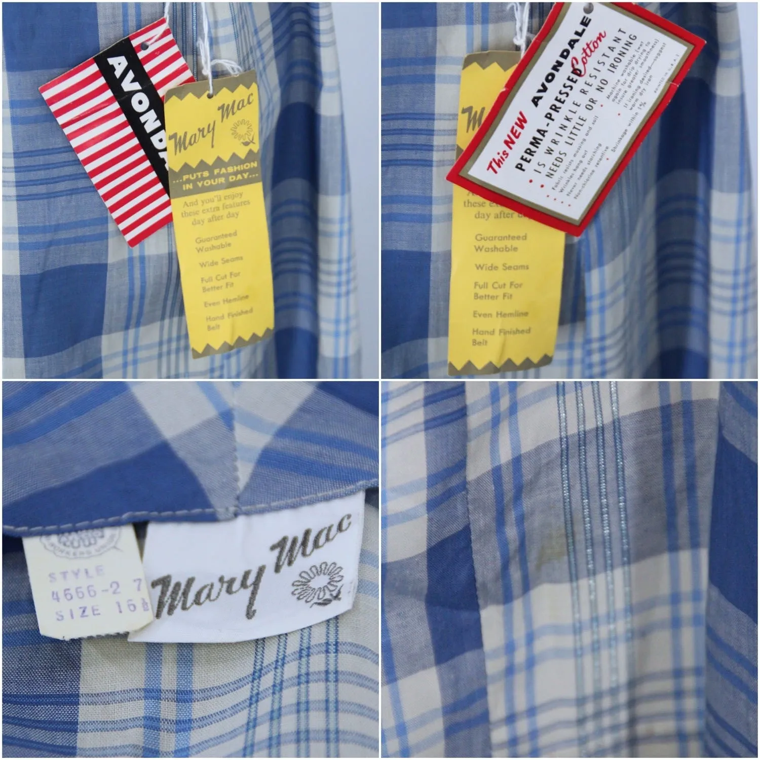 Vintage 1950s Mary Mac Day Dress / Blue & White Plaid Cotton / Deadstock with Tags