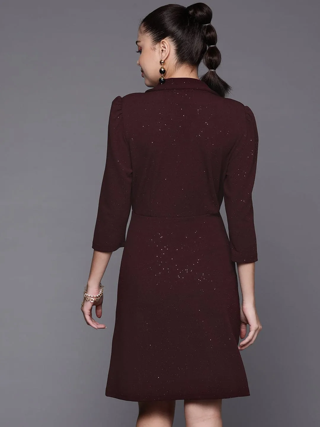 Women Burgundy Shimmer Double Breasted Blazer Dress