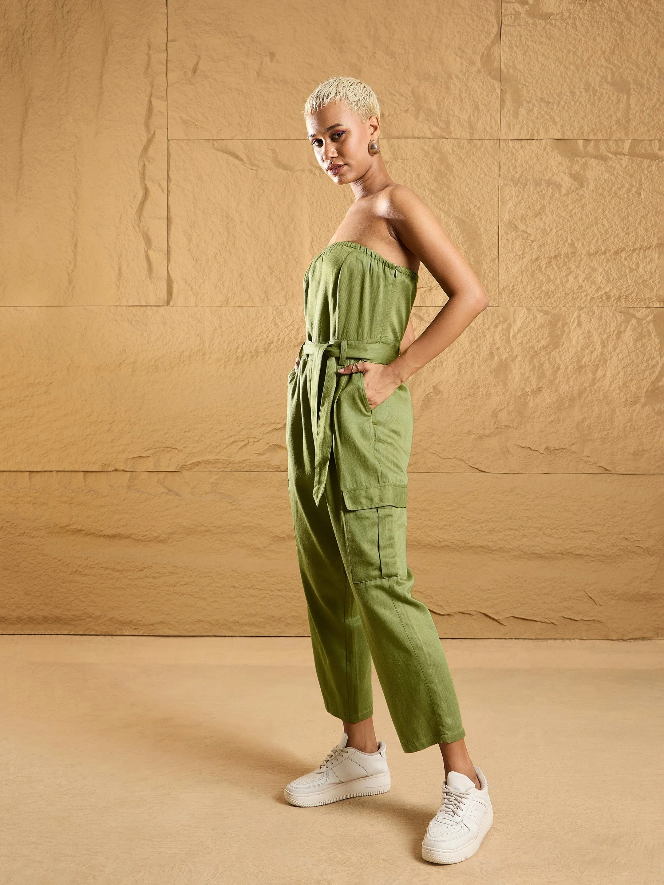 Women Olive Twill Off-Shoulder Jumpsuit