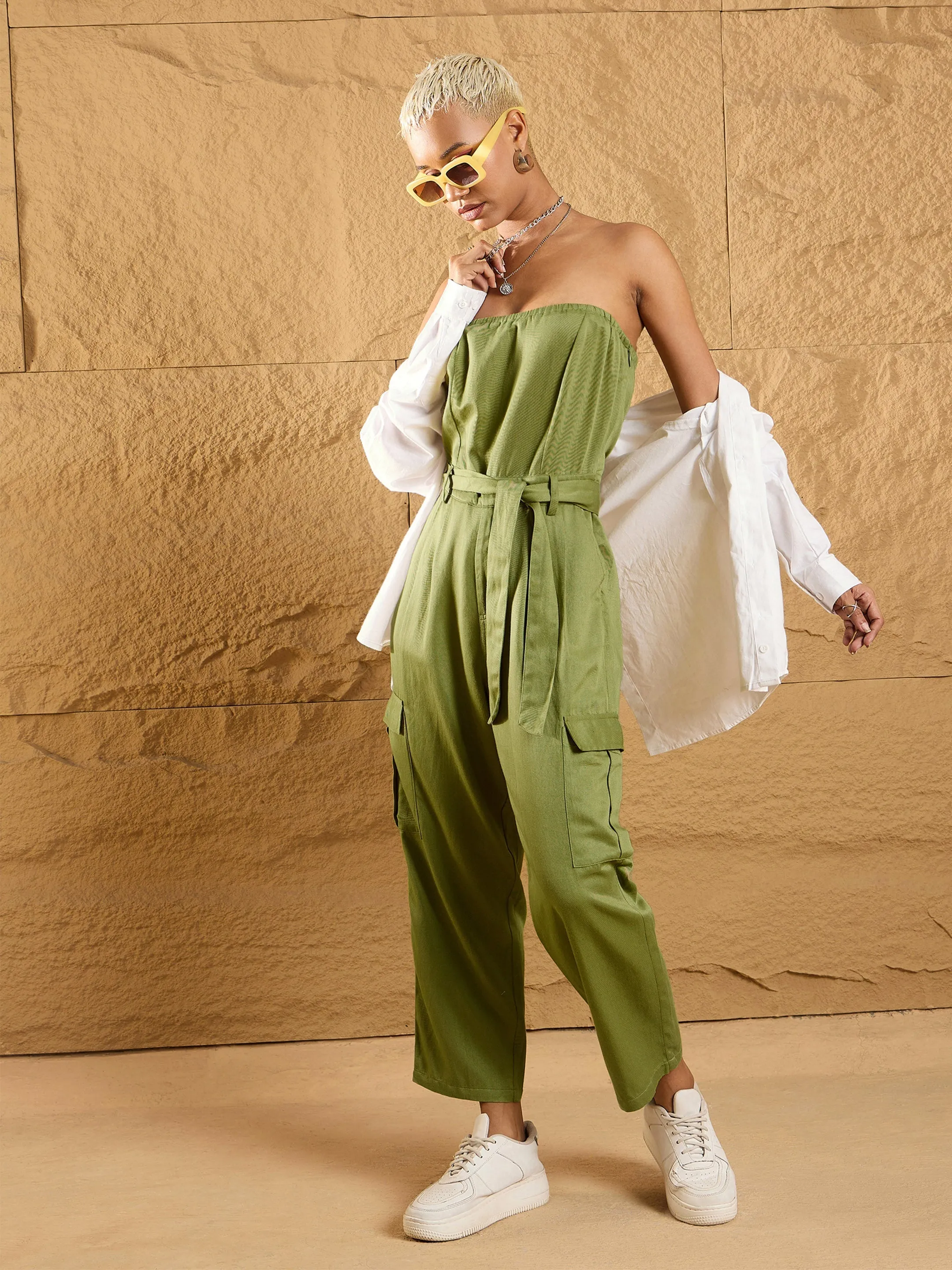 Women Olive Twill Off-Shoulder Jumpsuit