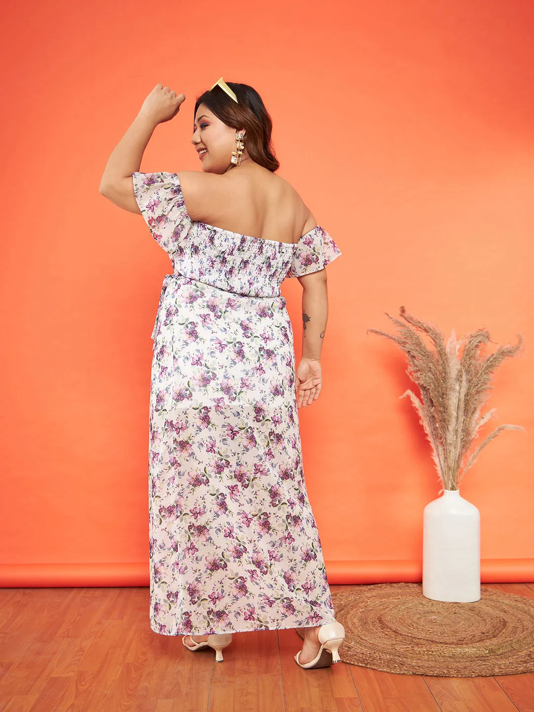 Women White Floral Off Shoulder Belted Maxi Dress