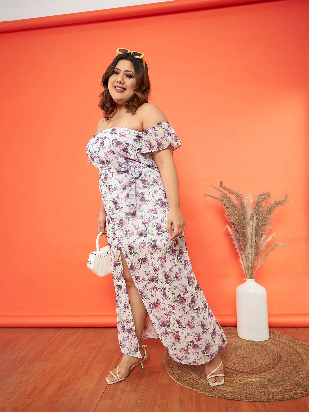 Women White Floral Off Shoulder Belted Maxi Dress