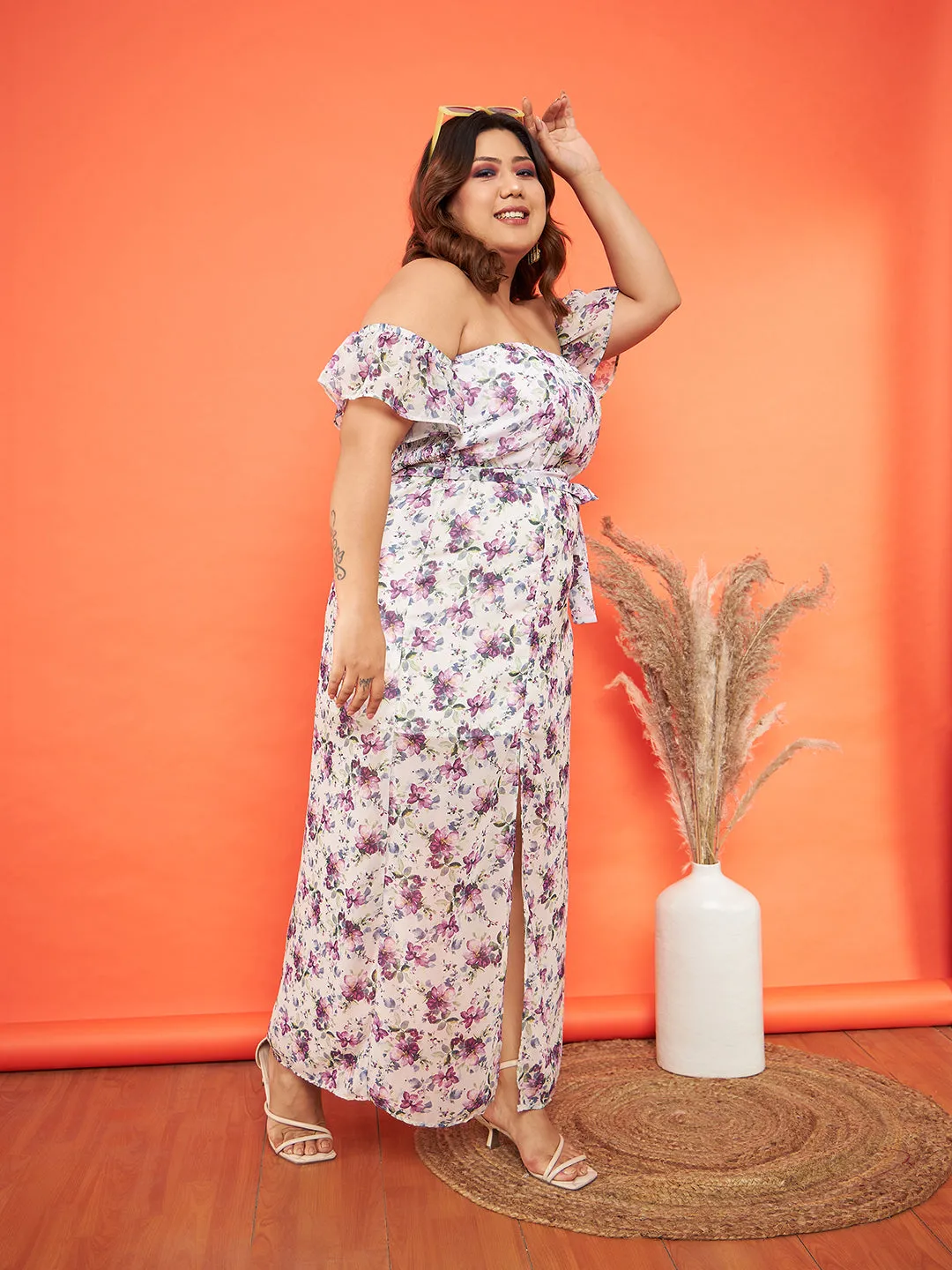 Women White Floral Off Shoulder Belted Maxi Dress