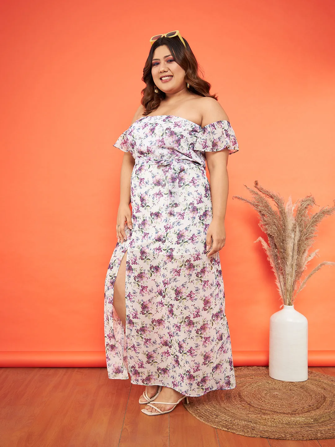 Women White Floral Off Shoulder Belted Maxi Dress