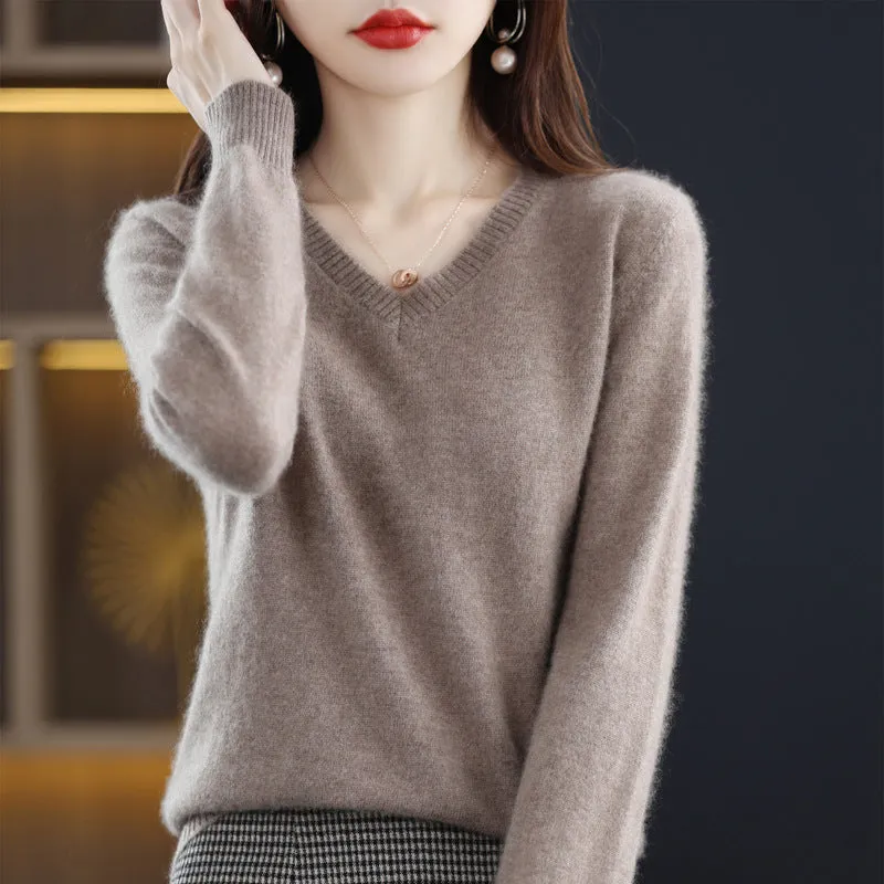 Women's V-neck Loose Pullover Long Sleeve Sweater