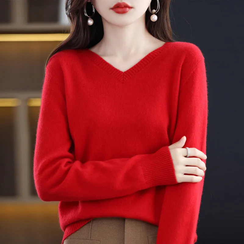 Women's V-neck Loose Pullover Long Sleeve Sweater