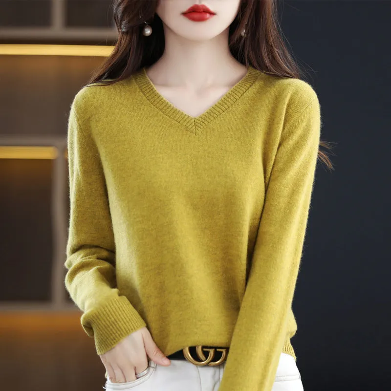 Women's V-neck Loose Pullover Long Sleeve Sweater