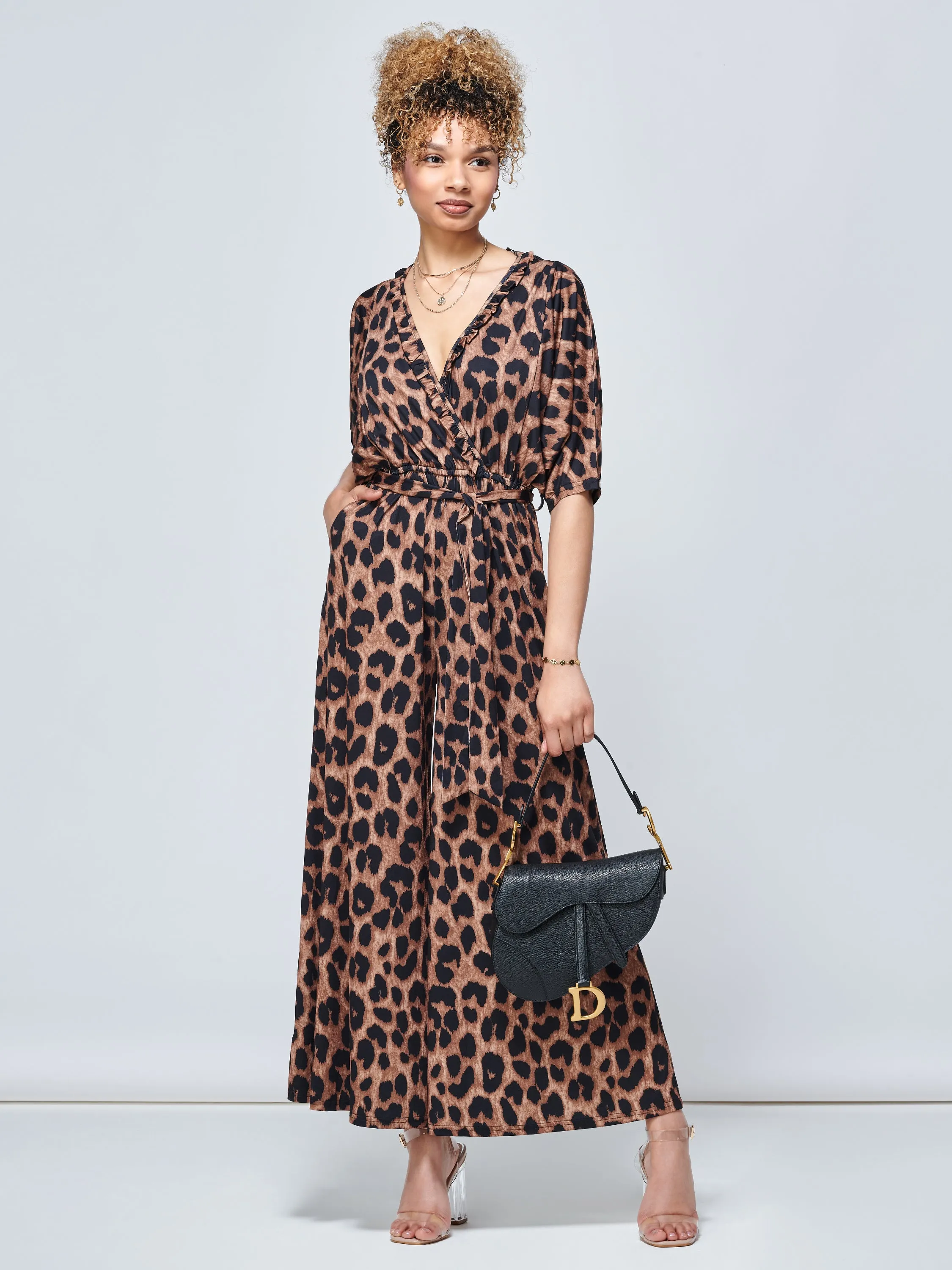 Wrap Front Batwing Jumpsuit, Brown Animal