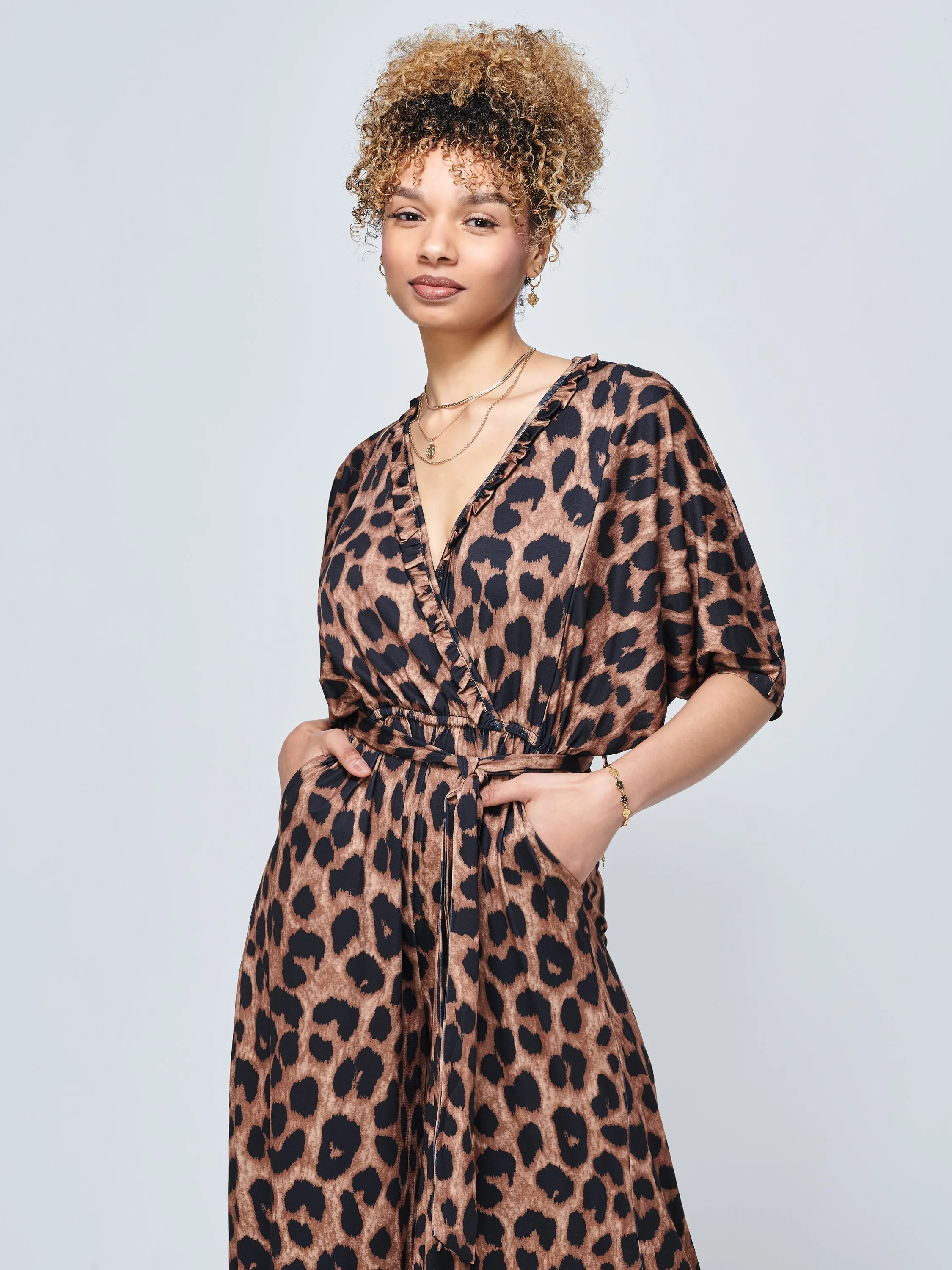 Wrap Front Batwing Jumpsuit, Brown Animal