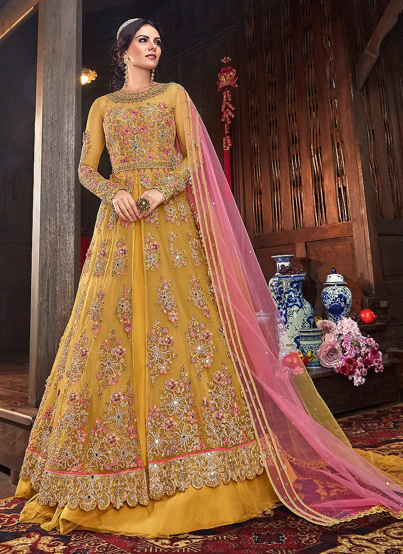 Yellow Floral Anarkali Style Lehenga/Pant Suit