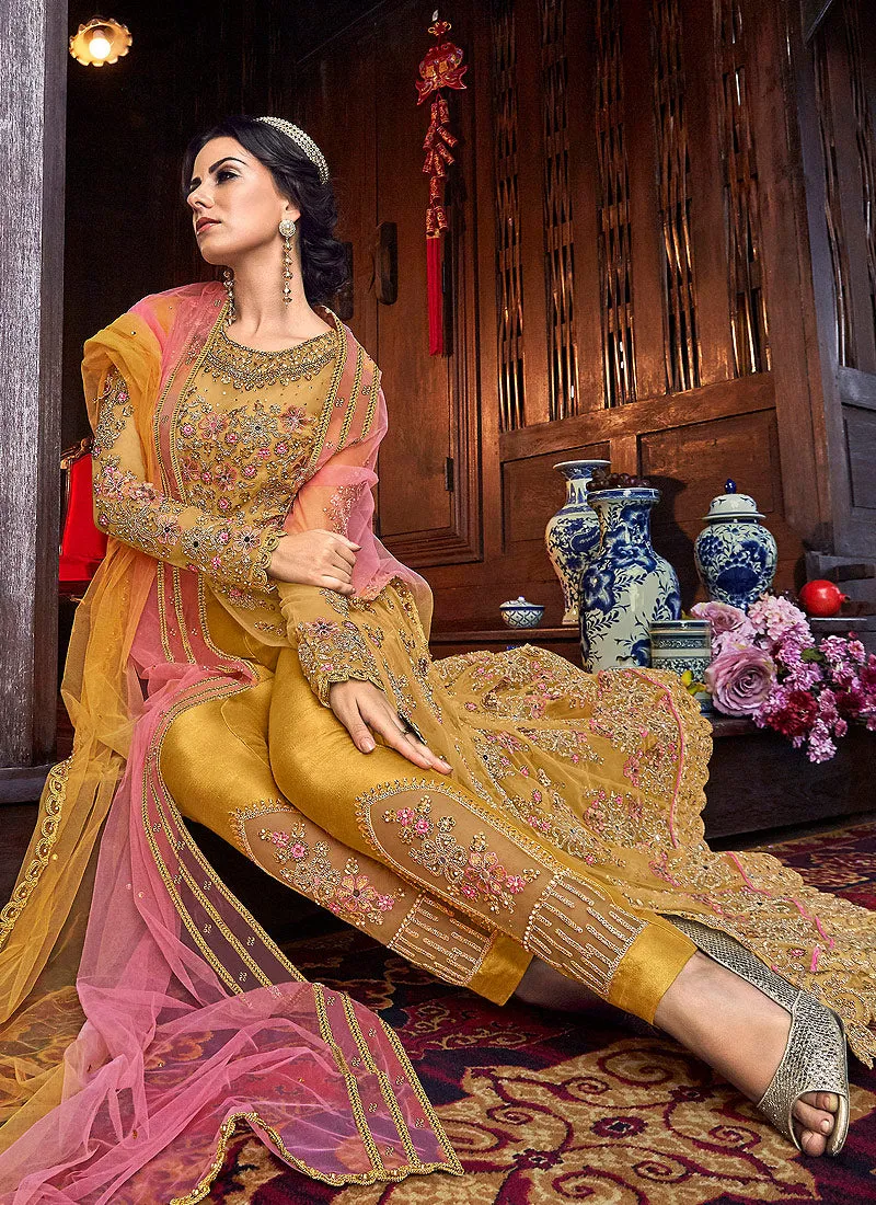 Yellow Floral Anarkali Style Lehenga/Pant Suit